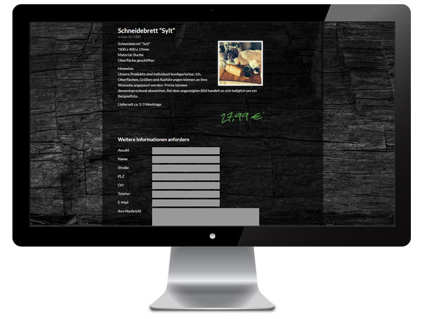 Artikeldarstellung mit Bestellmöglichkeit und Anfrageformular