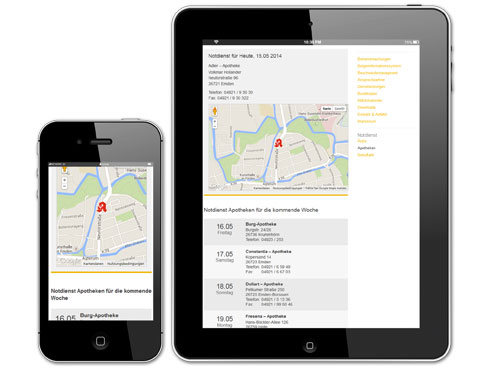 Mobile Übersicht des Standorts und dem Apothekennotdienst der Gemeinde