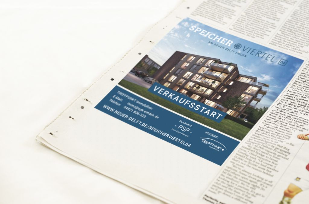 Zeitungsanzeige zum Verkaufsstart der Wohnungen im Speicherviertel 64